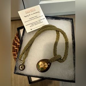 Necklace - sage woven choker with wooden floral inlay pendant